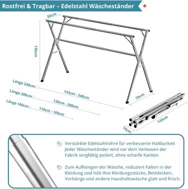 Стійка для сушіння білизни JAUREE 160 см, розкладна, з нержавіючої сталі, для дому та вулиці, велика, зі 20 гачками