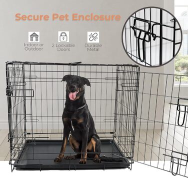 Клітка для собак DIVCHI з піддоном - міцна, складана клітка з двома дверцятами | Легко миється, знімний піддон, підходить для котів | Чорна (122x76x81cm)