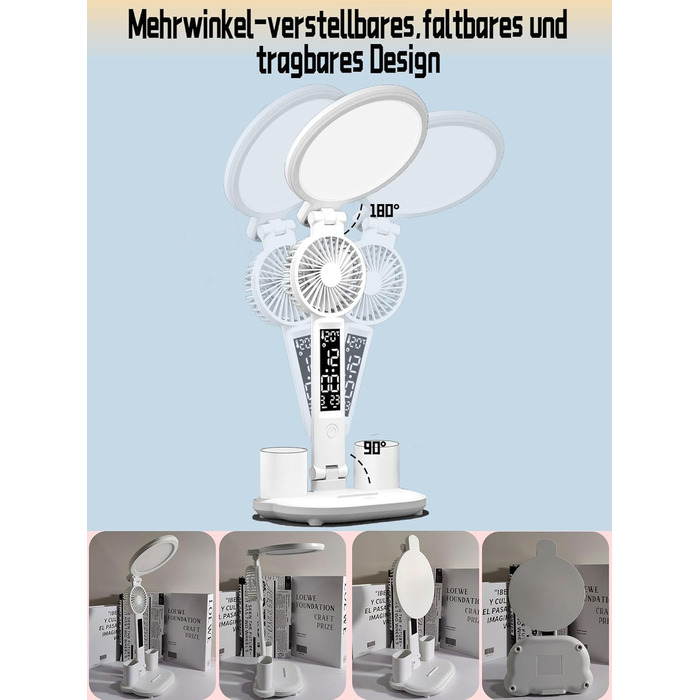 LED-лампа настільна з вентилятором для дітей WLHONG з годинником, тримачем для ручок, календарем та датчиком температури, 3 режими температури кольору, кругла