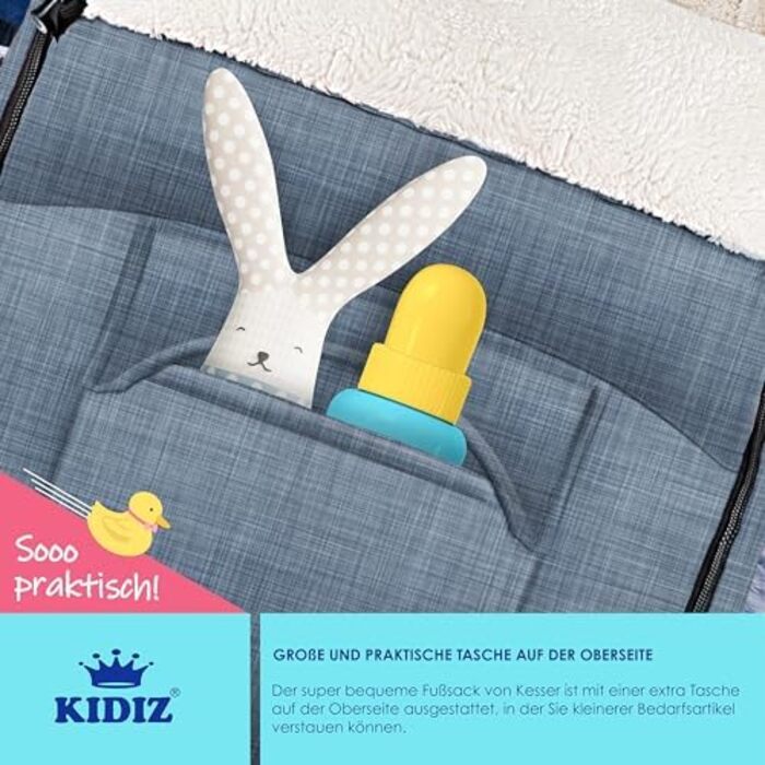 Kidiz® Baby Footmuff Baby Footmuff Winter Footmuff Car Seat with Zipper Snuggle Sack Baby Blanket Stroller Washable, Lockable Headrest, Pocket, Suitable for All Strollers, Jeans Grey