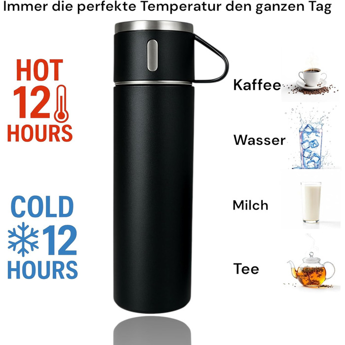 Термофляга 500 мл з нержавіючої сталі – 2 чашки з ручкою – без витоку, BPA-free – з щіткою для чищення – колір: чорний