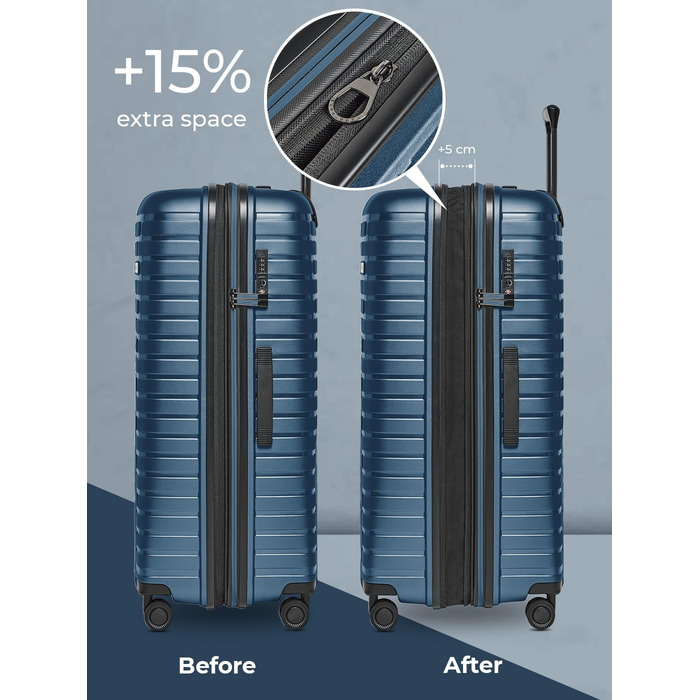 Чохол-валіза на колесах | Розширюваний середній валіза 45 x 25 x 66 см, 67-75 літрів | з поліпропілену, 4 подвійні колеса, TSA-замок (Колекція 04) | Колір: Navy Blue Metallic, Набір валіз (3 шт.)