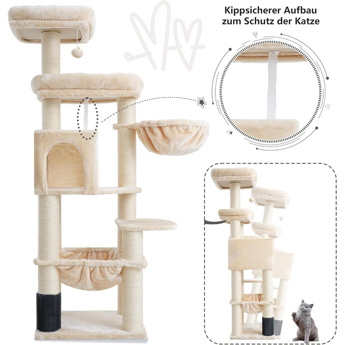 Кігтеточка XXL для мейн-куна, 168 см, з гамаком, сизаловим стовпом (φ11 см), когтеточкою, 2 платформами, будиночком, корзиною, бежева EMPJ01M