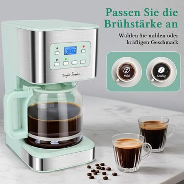 Кавомашина Taylor Swoden Darcy 950W з таймером, 1.5л, 12 чашок, автоматичне відключення, захист від протікання, багаторазовий фільтр, BPA-free, зелена