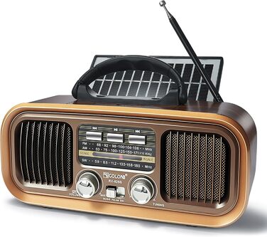 Ретро Радіо Klein з Bluetooth, AM/FM/SW радіо, портативне, з сонячною панеллю, USB/TF картка, подвійний динамік, коричневе