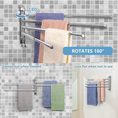 Тримач для рушників JSVER поворотний на 180°, з нержавіючої сталі 304, з 3 висувними рушниками до 50 см, для кухні, ванної кімнати, гардеробу, монтаж на стіну (срібло)