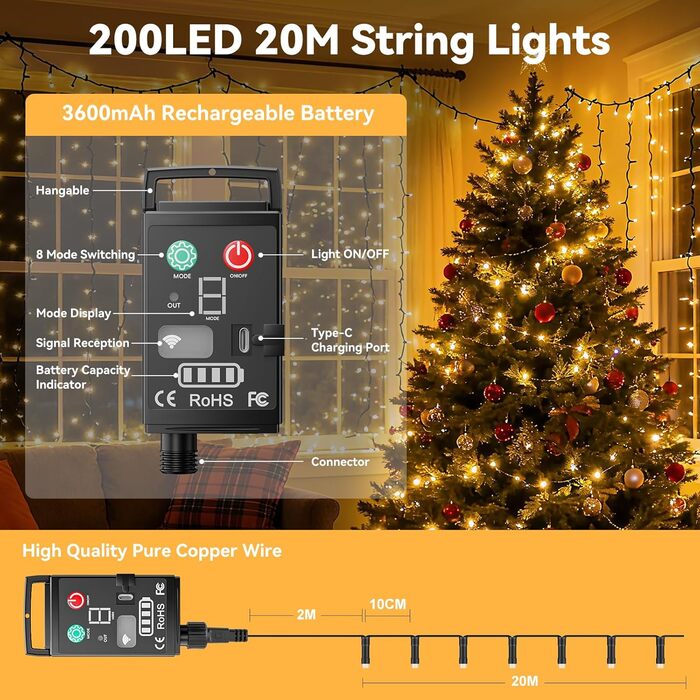 LED ліхтарна гірлянда на батарейках 10м, для вулиці, 8 режимів, IP44, вологостійка, з пультом, таймером, 200 LED, для декору, вечірки, Нового року