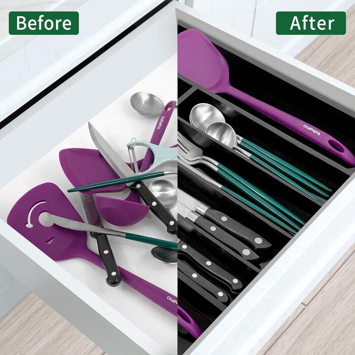 Органайзер для столових приладів Utoplike з бамбука, розширюваний, для кухні та офісу, чорний (5-7 секцій)