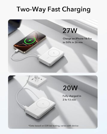 Power Bank ESR MagSafe 10000mAh, QI2, Бездротова Магнітна, 15W, USB-C, для iPhone/Pixel, Білий