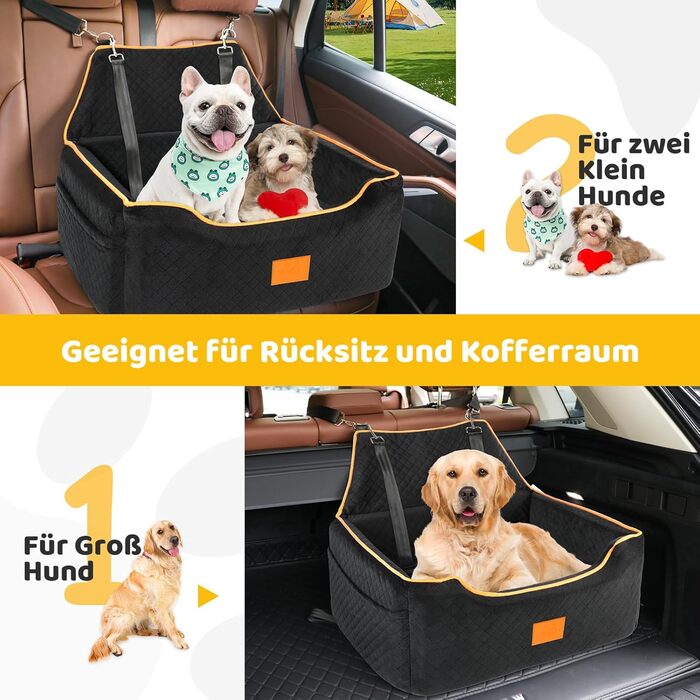 GL GLENSLAVE Dog Car Seat for Medium/Large Dogs - Elevated Pet Seat for Dogs Up to 25kg or 2 Small Dogs - Removable & Washable with Thick Cushions & Storage Pockets (Black)