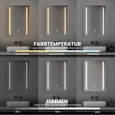 Дзеркало для ванної кімнати з підсвічуванням 70x50 см | LED дзеркало | IP54 вологостійке | Сенсорне керування | Настінне дзеркало | Горизонтальна/Вертикальна установка 6500K холодне біле світло (70x50cm-stil 2)