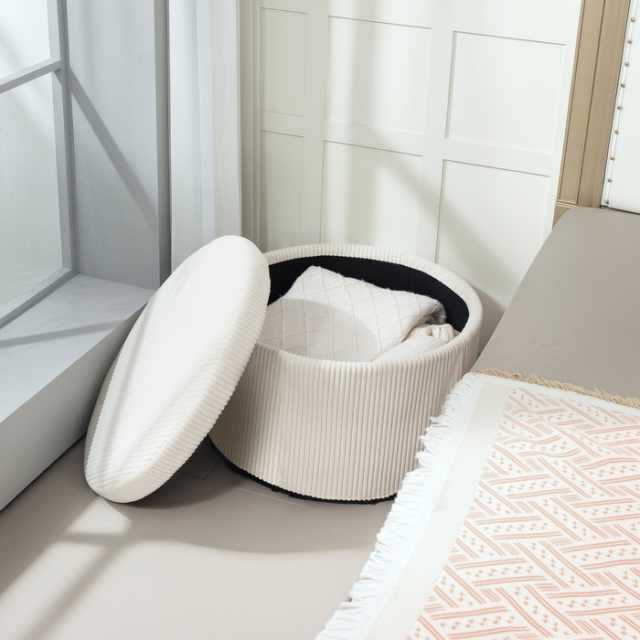 HOMCOM Storage Ottoman with Lid, Round Upholstered Footstool with Corduroy Look for Living Room, Bedroom 60 x 60 x 41 cm Beige | Aosom