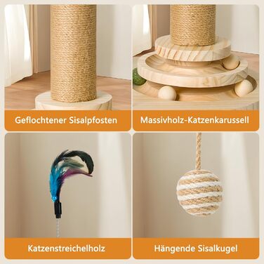 Інтерактивна іграшка для котів 6 в 1: дерев'яний комплекс з кульками, пір'ям, м'ячиком-трекером, когтеточкою з сизалю та джуту. Підходить для котів середніх та маленьких порід (білий)