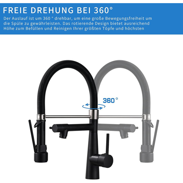 Чорний кухонний змішувач з висувною лійкою, поворотний на 360°, з витяжною насадкою для душу, для високого тиску, чорний, Küchenarmatur Negro