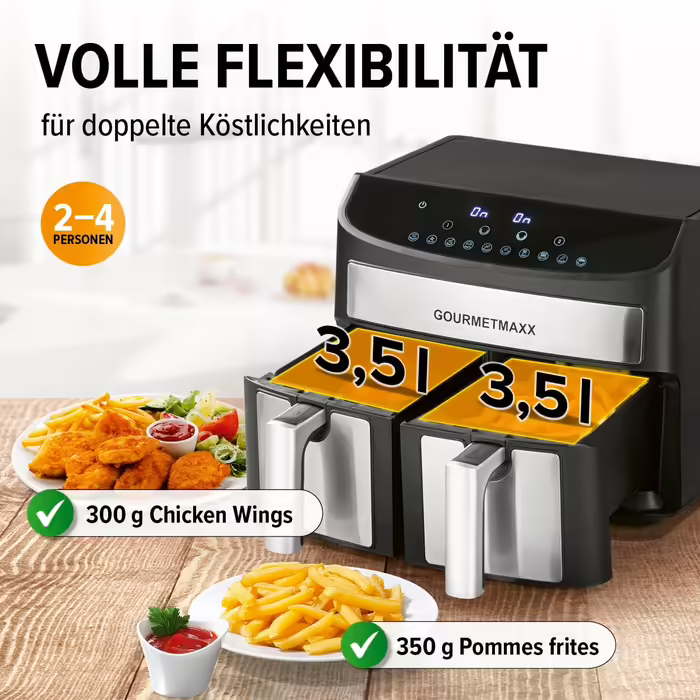 Gourmetmaxx Double Chamber Hot Air Fryer 2x 3.5L - Stainless Steel | Air Fryer with Synchro Cooking Zones, Timer Function & Touch Display | Energy-Saving Frying | 10 Programs | 2400 Watts Stainless Steel / Black 2x 3.5 Liters