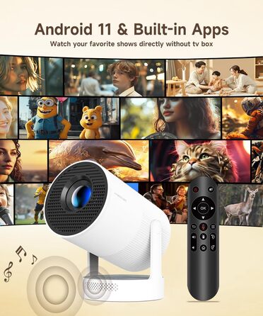 Портативний проєктор Mini Beamer 4K з Android 11: Smart проєктор з електричним фокусом, WiFi 6, BT 5.0, Full HD 1080P, 260ANSI, авто-корекція трапецеїдальних спотворень, 5W динамік