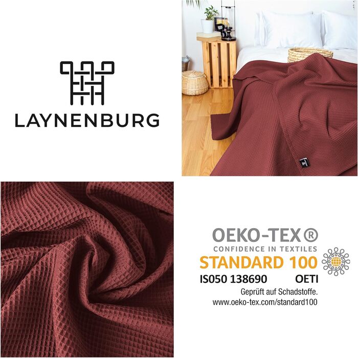 Плед LAYENBURG Premium 180x220 см, вафельна тканина, 100% бавовна, махагон