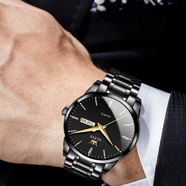 Чоловічий годинник OLEVS класичний, кварцовий, золотисто-чорний зі сталевим ремінцем, водонепроникний, з датою та підсвічуванням