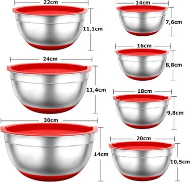 TEAMFAR Mixing Bowl Set, 7-Piece Stainless Steel Bowl Salad Bowl Set with Airtight Lids and Silicone Bottom, Nesting & Dishwasher Safe, 0.7L / 1.2L / 1.5L / 2.5L / 2.8L / 3.5L / 6.5L, red