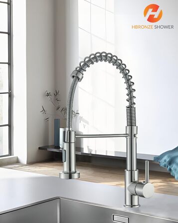 Кран кухонний Hbronzeshower з висувною лійкою, 360° обертання, нержавіюча сталь, щіткований нікель