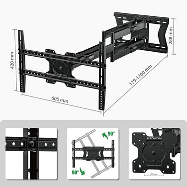 Настінний кріплення для телевізора XTRARM TiTon, 120 см, поворотне, 40 кг, VESA max. 400x400 мм, чорний