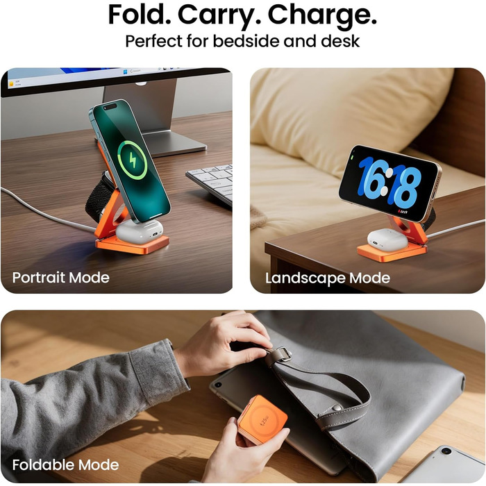 MagSafe зарядна станція 3-в-1: бездротовий зарядний пристрій 25W для iPhone 12-17, Apple Watch, AirPods (Qi, складна, помаранчева)