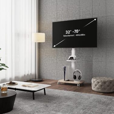 FITUEYES Rolling TV Stand with Wood Shelf - Adjustable Height & Swivel - Fits 32-70 inch TVs up to 40kg, VESA 400x600 - White