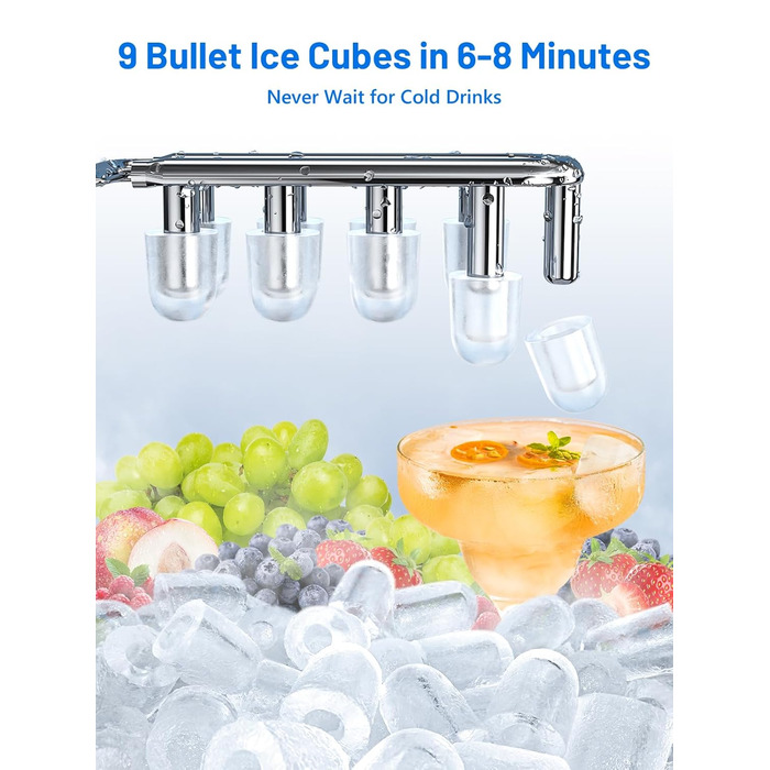 Машина для приготування льоду VINATO, компактна, 9 кубиків за 6-8 хвилин, портативна, продуктивність 12 кг/24 год, тиха робота, з лопаткою та кошиком для кухні, офісу, бару та вечірки, срібна