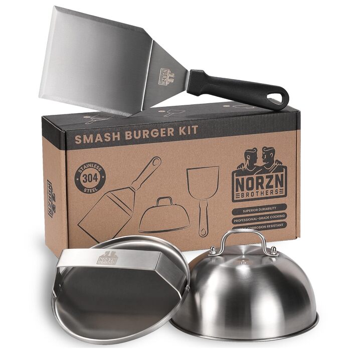 Набір для приготування Smash Burger: прес для гамбургерів, дзвоник та шпатель з нержавіючої сталі 304. Гарантія 10 років. Для контакту з харчовими продуктами.