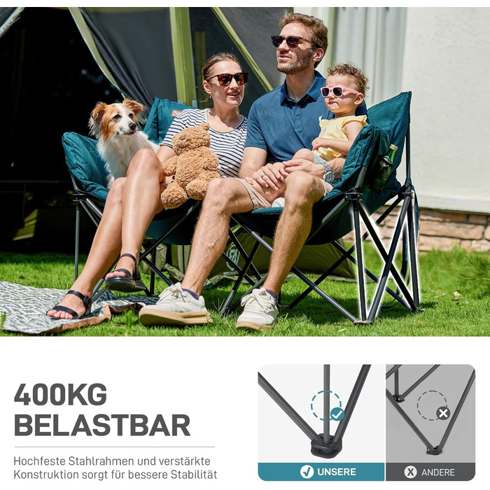 Кампінговий стілець-диван EVER ADVANCED для 2 осіб, 145 см, зелений - міцний, складаний, з високою спинкою, для відпочинку на природі, саду, балкону