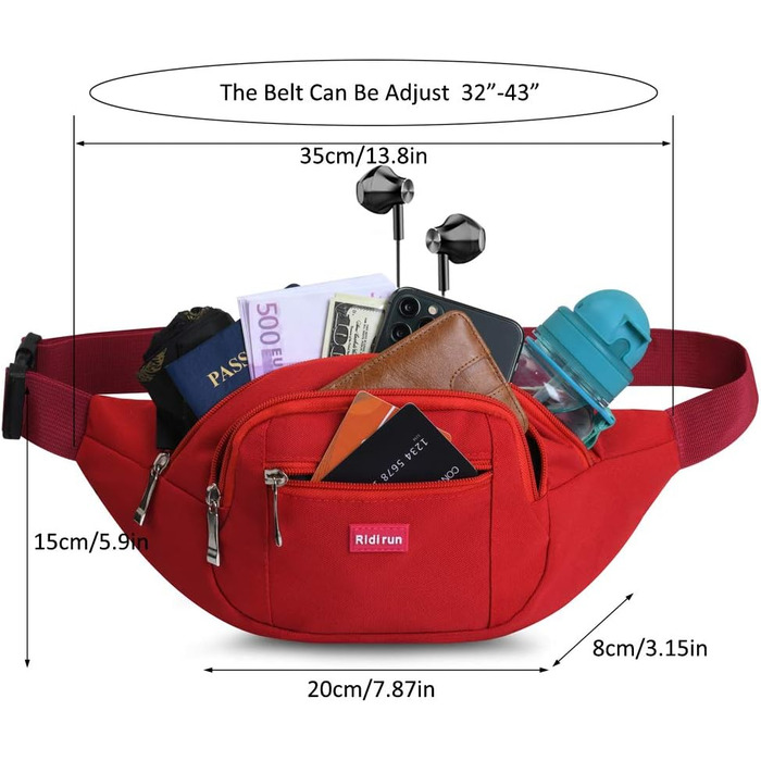 Водонепроникна поясна сумка, сумка на пояс, спортивна сумка на стегно для жінок та чоловіків, 3 кишені на блискавці, для туризму, відпочинку, спорту, червона