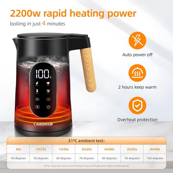 Електричний чайник Carehabi з регулюванням температури, 1.7 л, нержавіюча сталь, чорний, 40°C-100°C, 2200W, LED дисплей, подвійні стінки, функція підтримки тепла