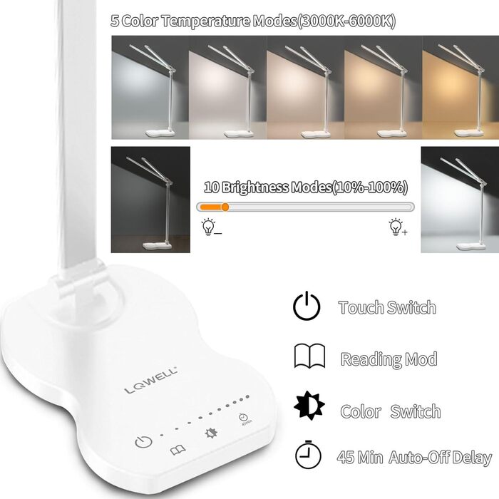 LED лампа настільна LQWELL® QM019 з диммуванням, USB-зарядкою, сенсорним керуванням та пам'яттю для дітей та офісу. 5 кольорів, 10 рівнів яскравості, металевий корпус, для захисту очей.