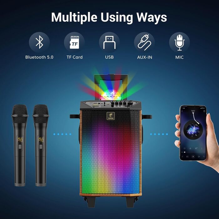 Караоке система TONOR K20 з 2 мікрофонами, Bluetooth, світлодіодна куля, для дому та вулиці