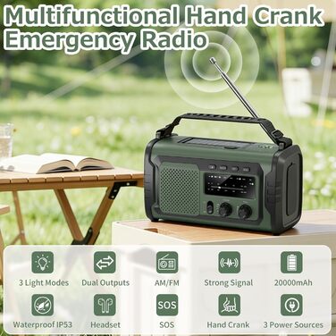 Радіо на сонячній батареї та ручному заводі Kurbelradio 27000mAh з SOS, Bluetooth, Powerbank, ліхтариком для кемпінгу та екстрених ситуацій (Зелений)
