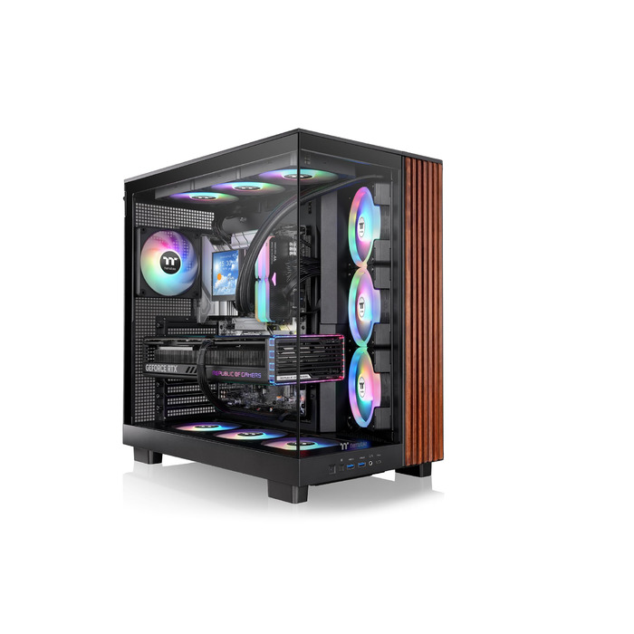 Корпус Thermaltake View 380 XL WS Black (Wood Style) | ATX Mid-Tower з RGB підсвічуванням | Подвійна камера, прихований з'єднувач, встановлений RGB вентилятор, тиха система охолодження, підтримка радіатора 360 мм, дерев'яні акценти