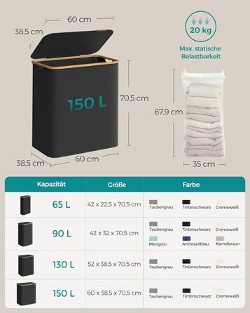 Laundry Basket, 3 compartments, 150 L, foldable, removable bag, Oxford fabric, bamboo, 60x38.5x70.5 cm