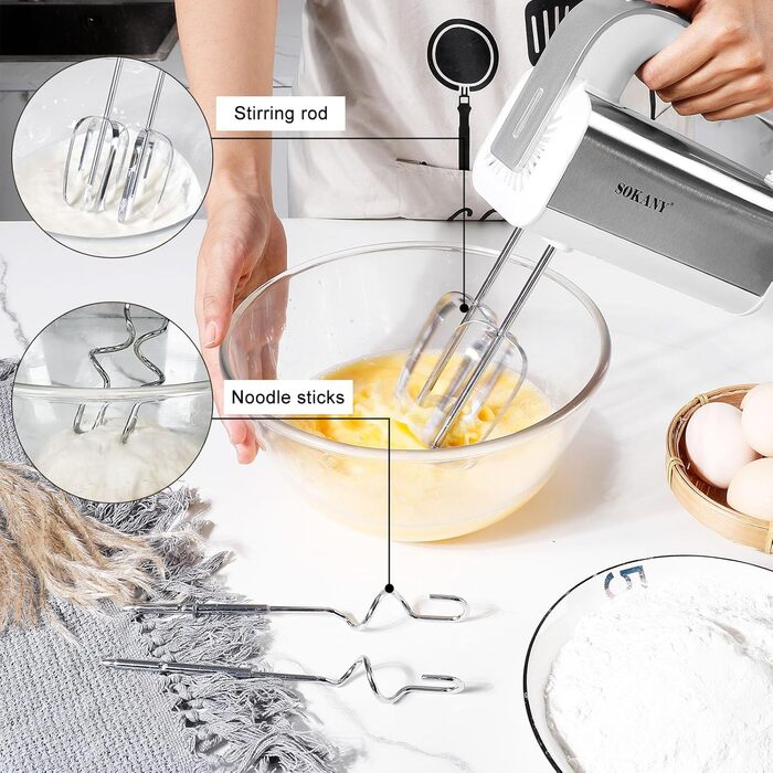 Міксер SOKANY 800W з нержавіючої сталі, 5 швидкостей, 2 гачки для тіста та 2 вінчики (Cx-6651w White)