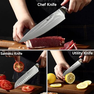 Набір кухонних ножів Sanhui Damast: 3 ножі з дамаської сталі з ручками з паккавуда. Професійний набір ножів у подарунковій коробці - ідеальний для професійних та аматорських кухарів.