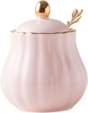 Ceramic Sugar Bowl with Spice Jars, Solid Color Sugar Bowl with Lid and Spoon, Ceramic Sugar Storage Jar, Porcelain Sugar Pot (Pink)