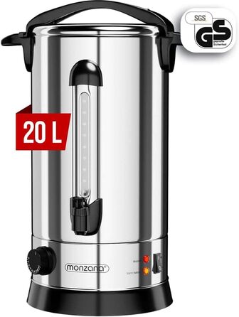 MONZANA® Glühweinkocher 6.8L with Tap, Drip Tray, Thermostat 30-110°C, Hot Beverage Dispenser, Stainless Steel, Preserving Pot, Punch Pot, Hot Beverage Machine (20 L)