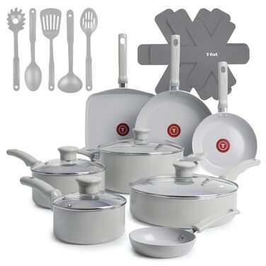 Набір посуду T-fal Refresh Ceramic 20 предметів, антипригарне покриття, жаростійкий до 100°C, сірий Moon Grey. Каструлі, сковороди, сотейник, керамічне покриття.