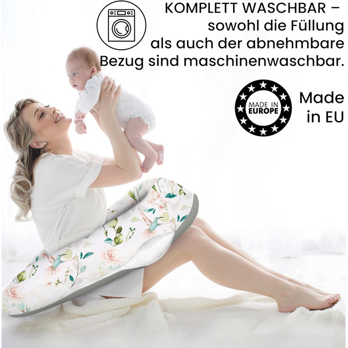 Подушка для вагітних Amilian Stillkissen 170 см XXL – подушка для сну на боці, подушка для годування, body pillow (Колібрі, шалфей)