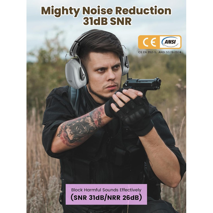 Захисні навушники Dr.meter SNR 31dB, наголов'я, регульовані, комфортні для дорослих, складаються, шумоізоляція для будівництва, саду (сірі)