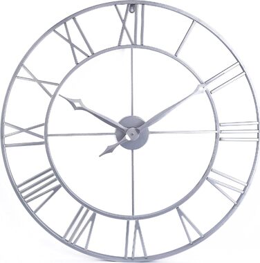 Samilito Large Wall Clock in Vintage Style, Round, Silent, Silver. Includes a FREE extra set of black clock hands. Metal clock for Loft, Living Room, Bedroom, and Kitchen decoration (Silver, 76 cm)