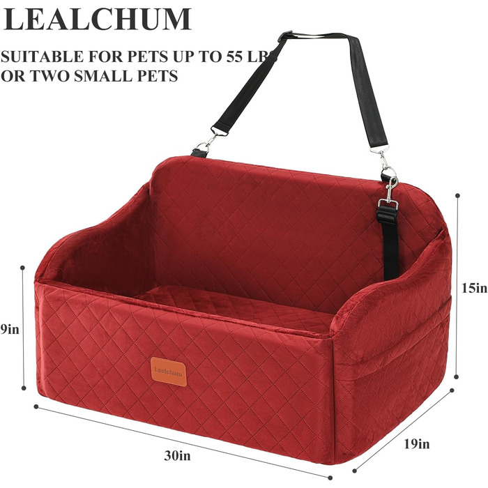 Автокрісло для собак до 25 кг, з 2 стропами безпеки та 2 кишенями для зберігання (червоне, велике)