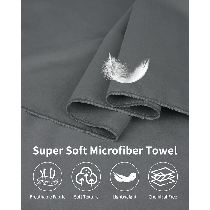 Набір рушників з мікрофібри (3 шт.): 180x80 см + 2 шт. 80x40 см, для фітнесу, сауни, пляжу, подорожей, темно-зелений (темно-сірий)