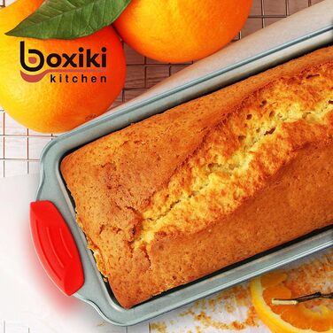 Loaf Pan - Premium Non-Stick Loaf Pan Made of Steel by Boxiki Kitchen | Professional Non-Stick Baking Pan for Baking Banana Bread, Meatloaf, and Pound Cake | 21.5 x 11.5 cm, with Red Silicone Grips