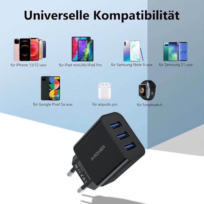 Мережевий адаптер Amoner USB 3-портовий 15W, 2 шт. для iPhone 14/13/12/11/X/8 та інших пристроїв, чорний