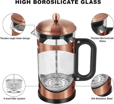 YMMIND 963.9 g French Press Coffee Maker Copper Stainless Steel Coffee Press, with 4-Stage Filtration System, Heat-Resistant Thick Borosilicate Glass, BPA-Free Brewed Coffee Pot for Camping Gifts